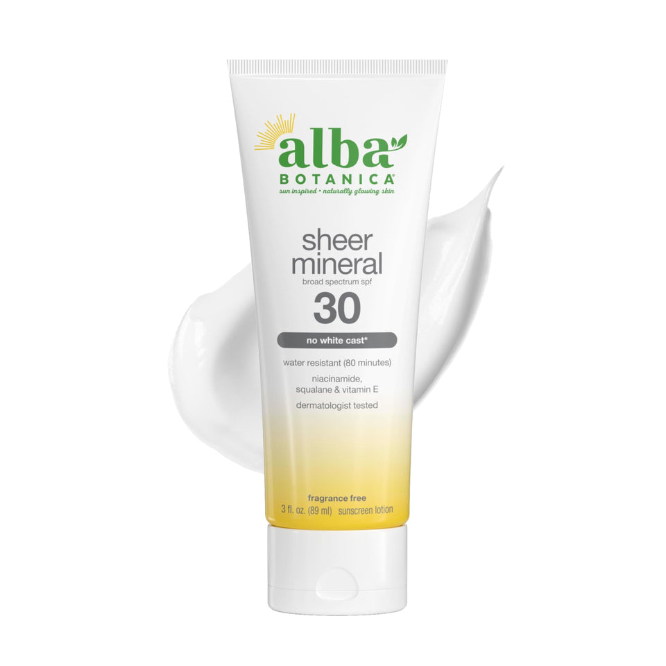 Alba Botanica bottle front packaging showing SPF 30 and fragrance free benefit