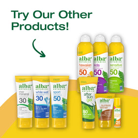 Alba Botanica sunscreen spray being used at the beach for water-resistant protection