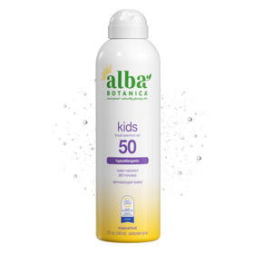 Alba Botanica kids sunscreen front packaging showing SPF 50 and tropical fruit scent benefits