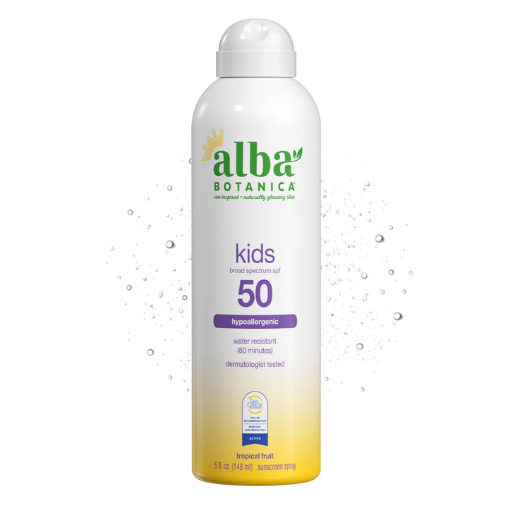 Alba Botanica kids sunscreen front packaging showing SPF 50 and tropical fruit scent benefits