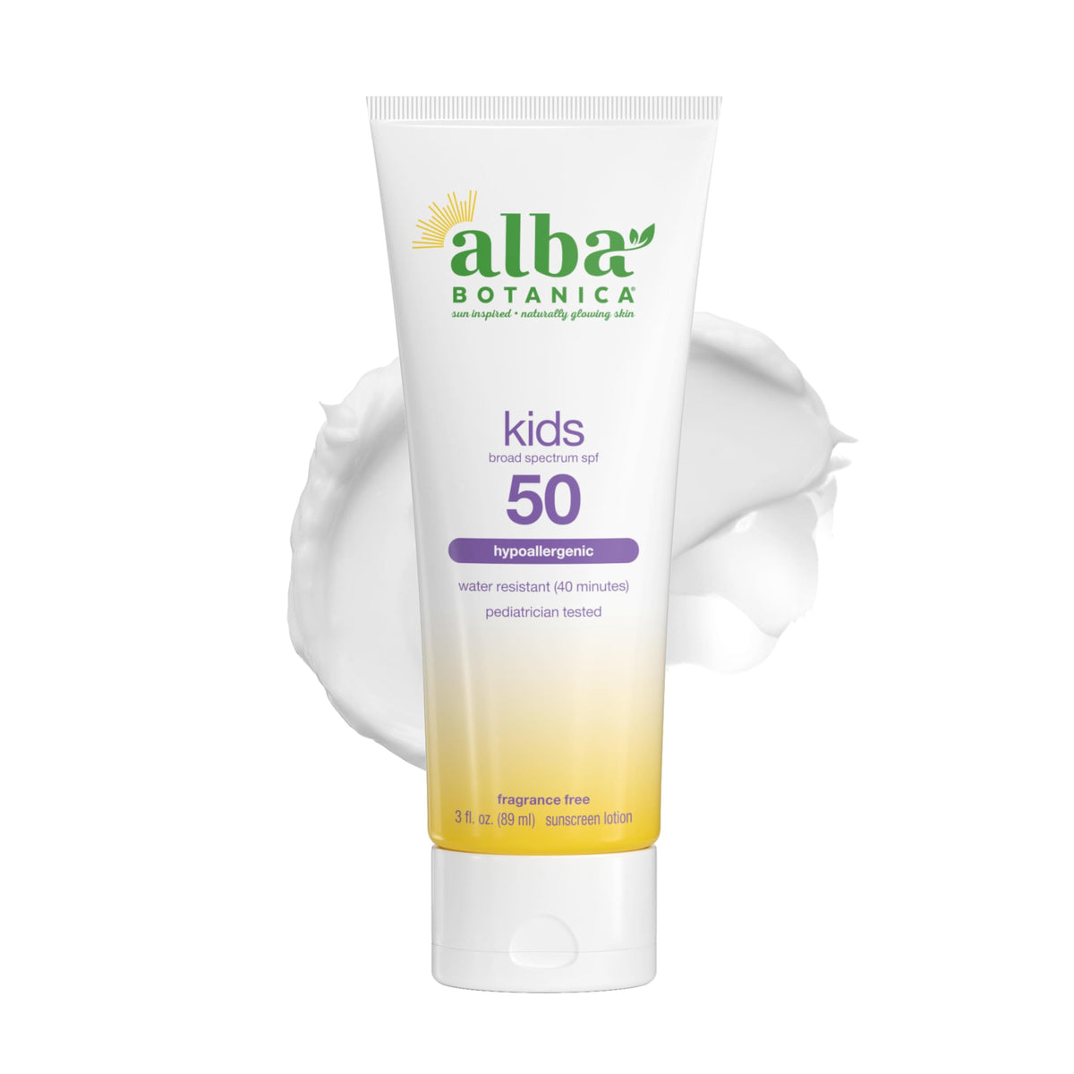 Alba Botanica front packaging showing SPF 50 and kid-friendly design for clear protection