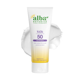 Alba Botanica front packaging showing SPF 50 and kid-friendly design for clear protection