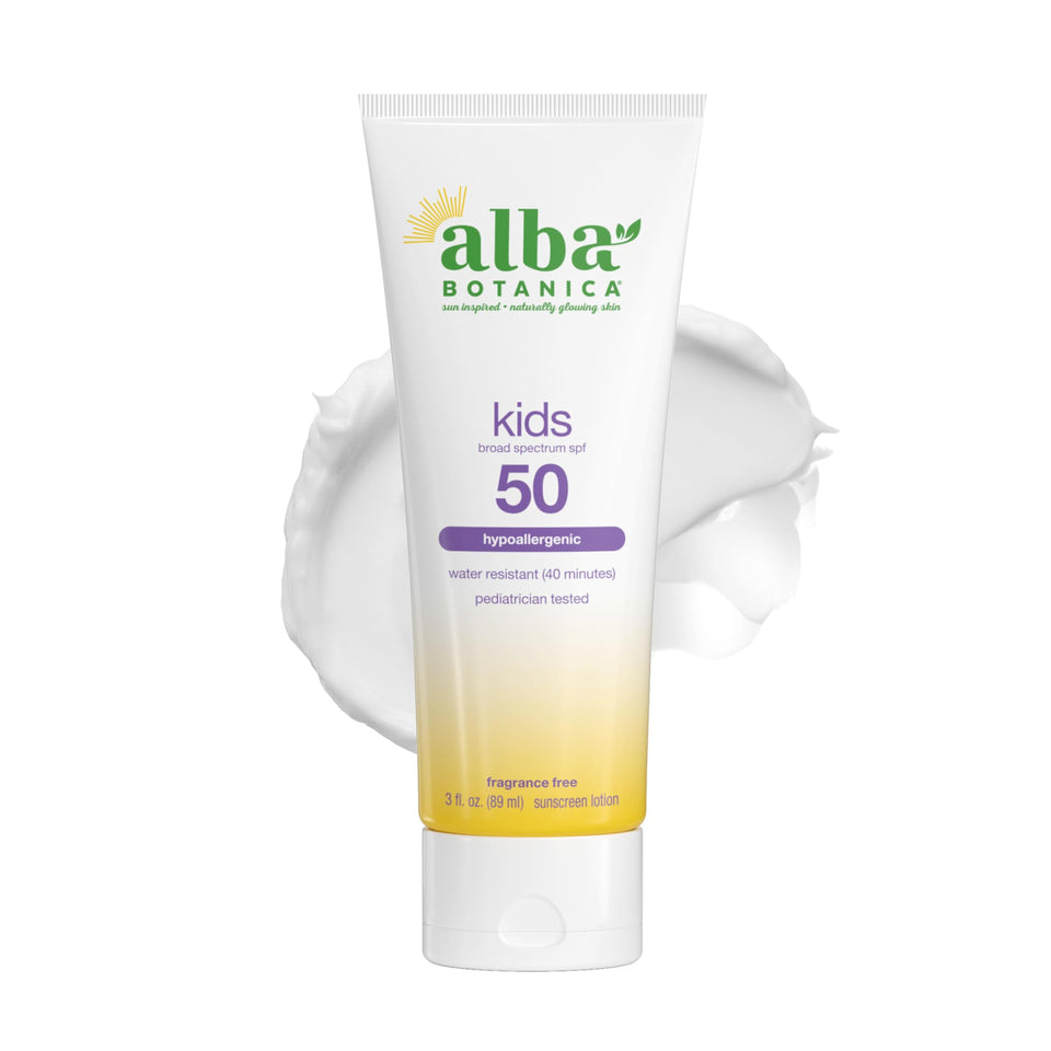 Alba Botanica front packaging showing SPF 50 and kid-friendly design for clear protection