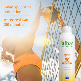 Alba Botanica bottle in beach backpack illustrating portable sun protection