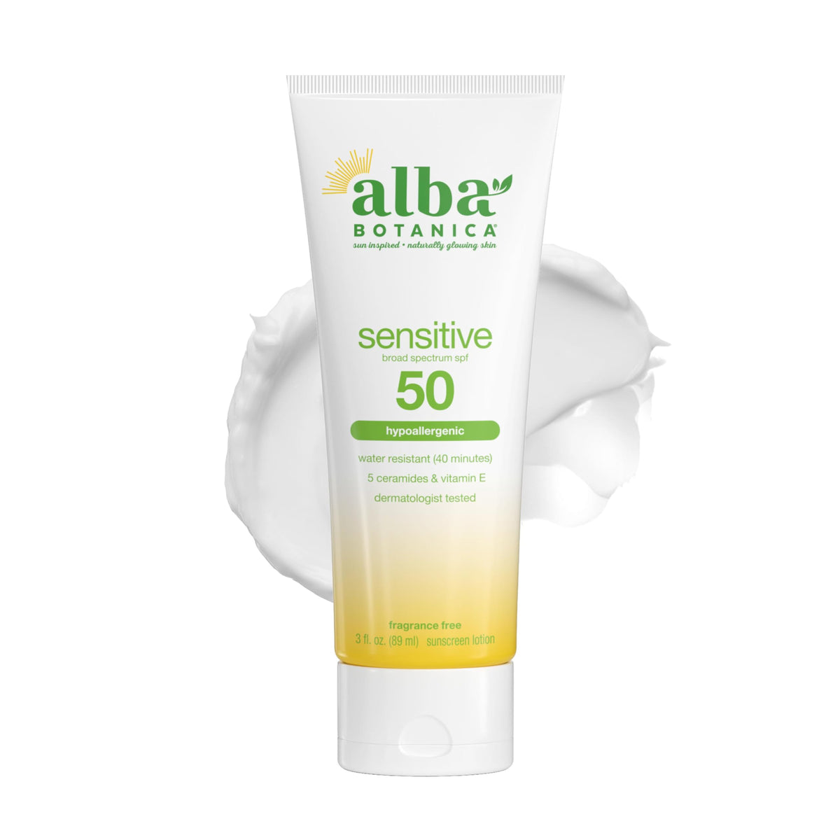 Alba Botanica front packaging showing SPF 50 for easy identification and protection