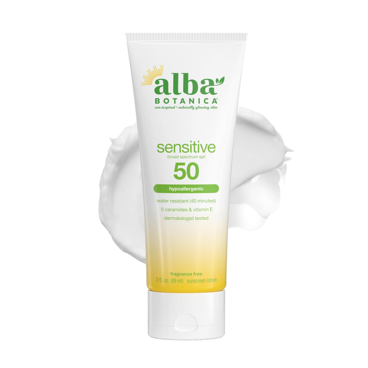 Alba Botanica front packaging showing SPF 50 for easy identification and protection