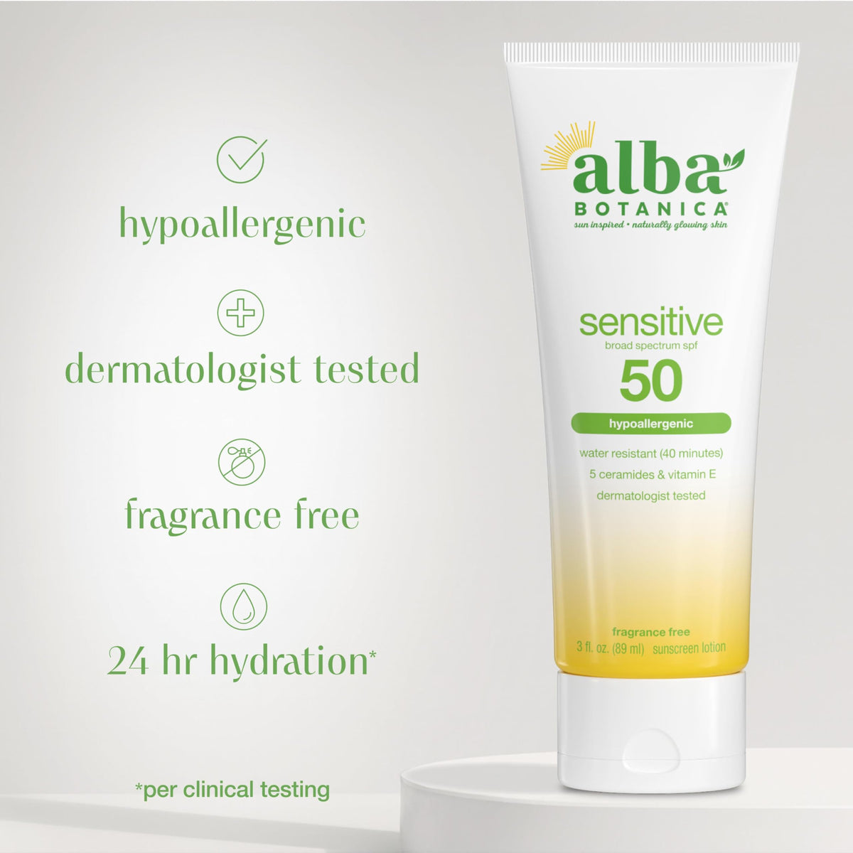 Alba Botanica sunscreen lotion swatched on skin highlighting lightweight hydration