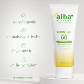 Alba Botanica sunscreen lotion swatched on skin highlighting lightweight hydration