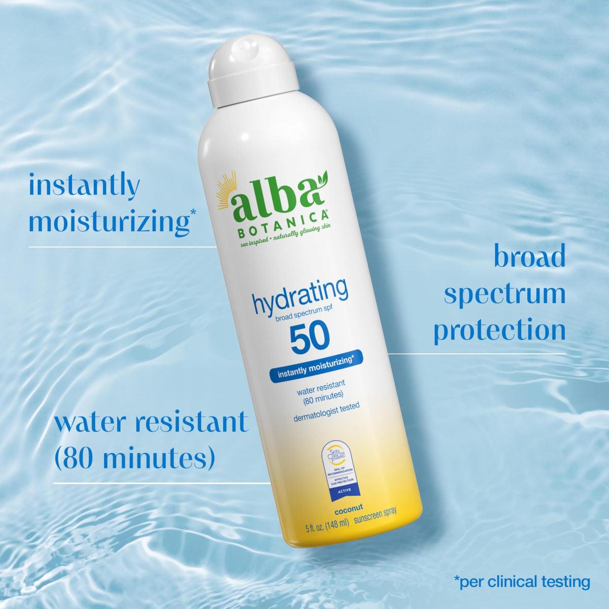 Alba Botanica bottle held in hand showing compact 5 fl oz travel-friendly benefit