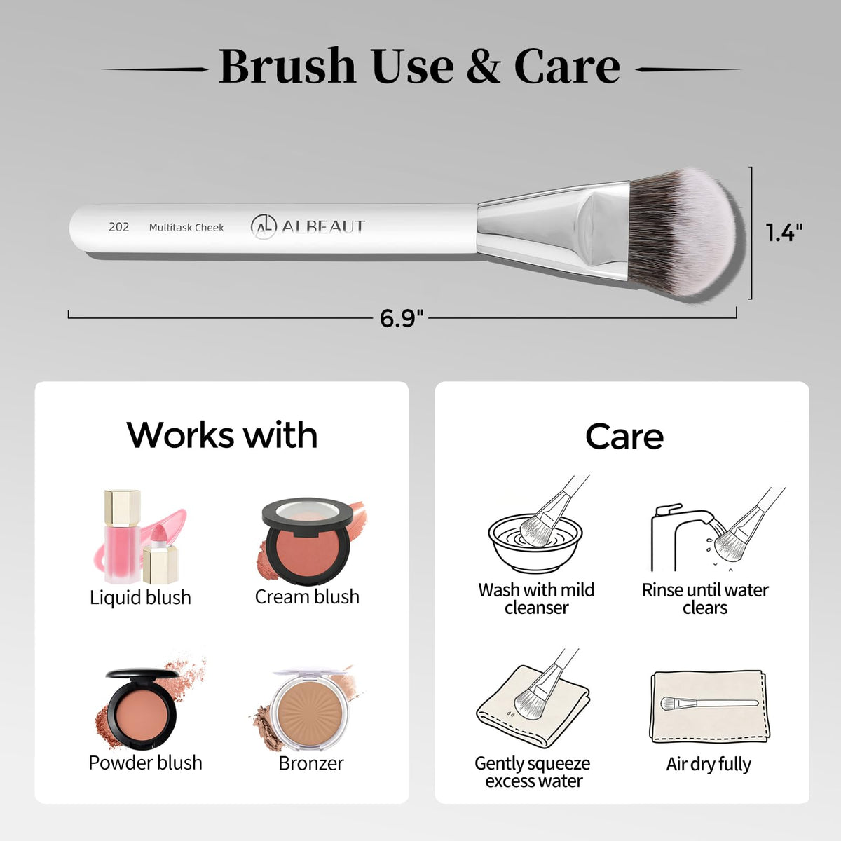 ALBEAUT packaged brush label visible highlighting model 202 and multitask use