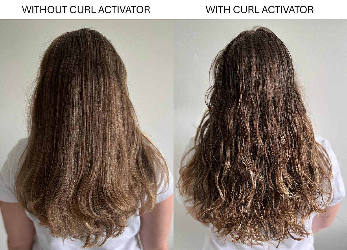 Alcôve before and after on wavy hair showing improved definition and less frizz