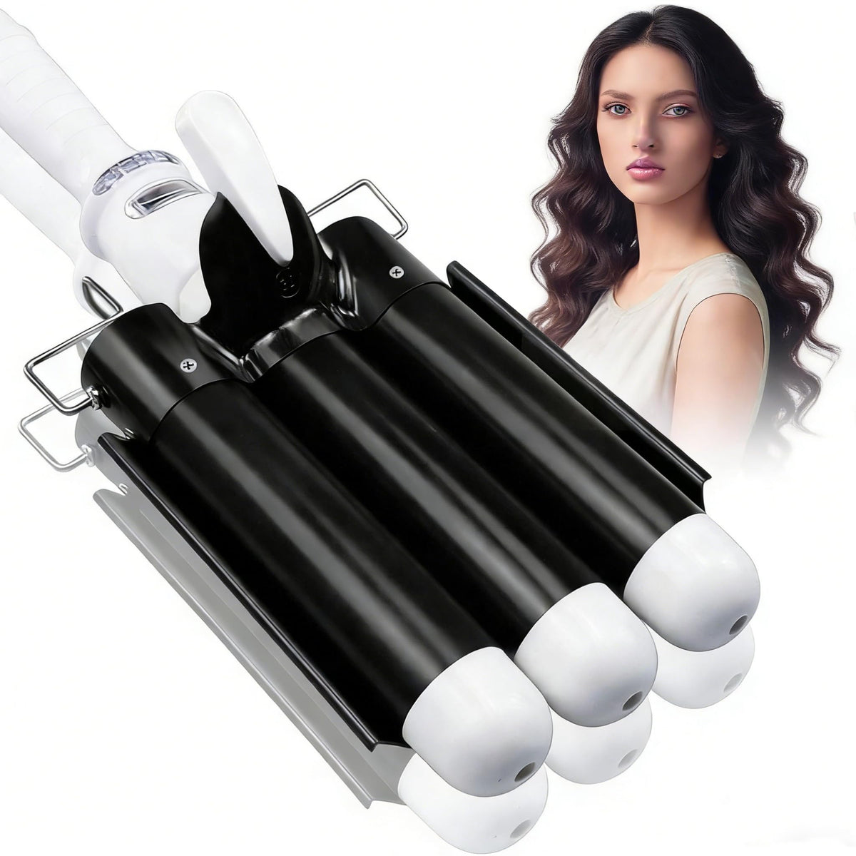 Aleath front view of three-barrel curler showing sleek design and fast styling benefit