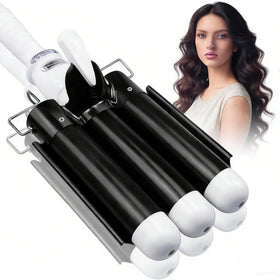 Aleath front view of three-barrel curler showing sleek design and fast styling benefit