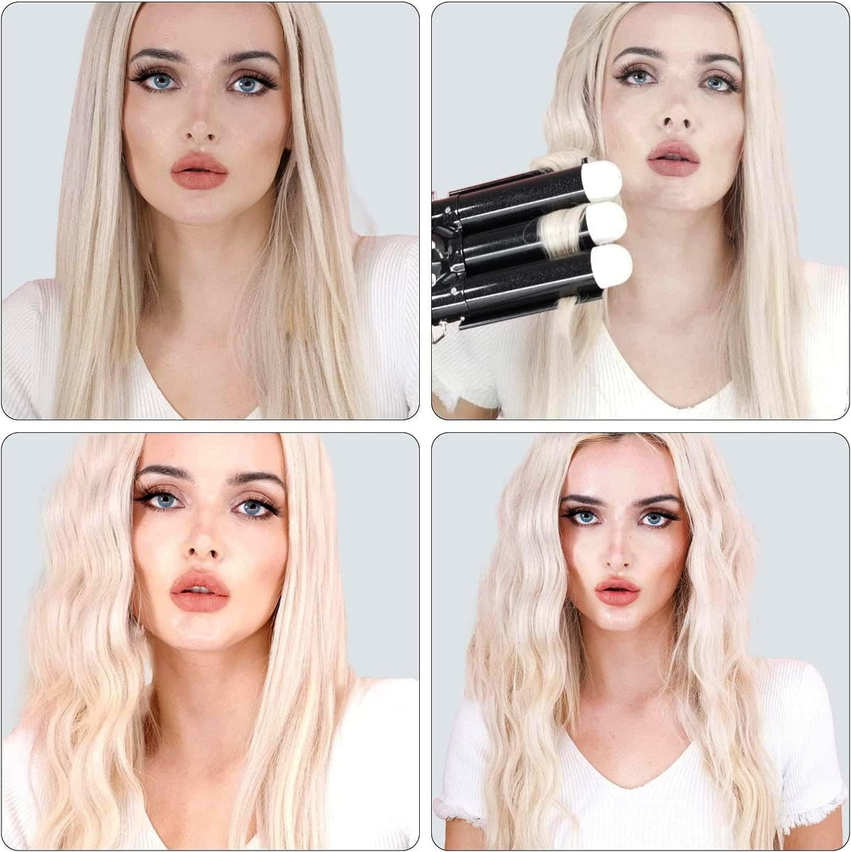 Aleath triple-barrel in use creating S-waves for long-lasting textured hair