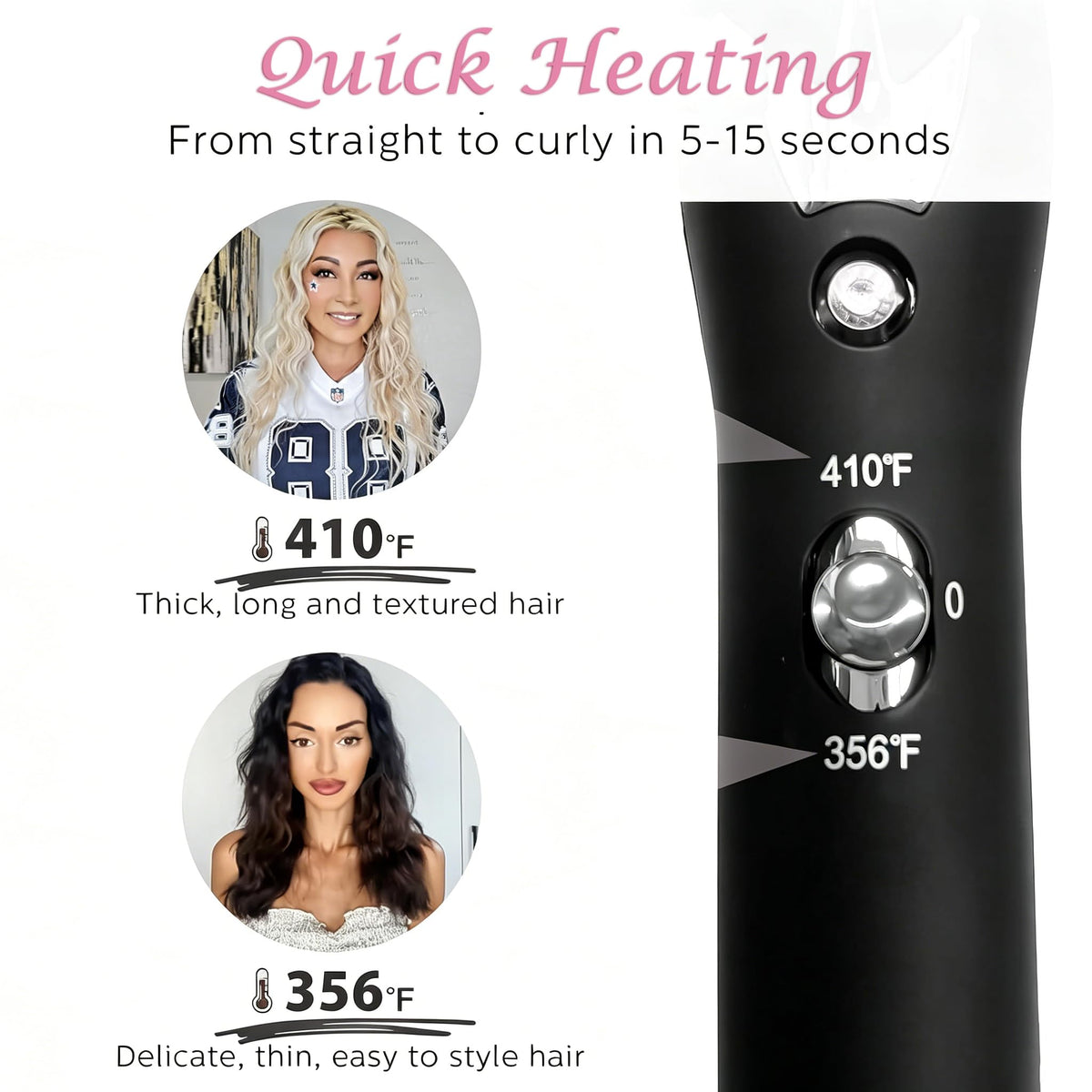 Aleath temperature controls and display showing adjustable heat for different hair types