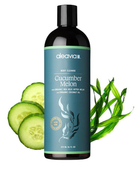 Aleavia bottle front label showing organic prebiotic body wash benefits