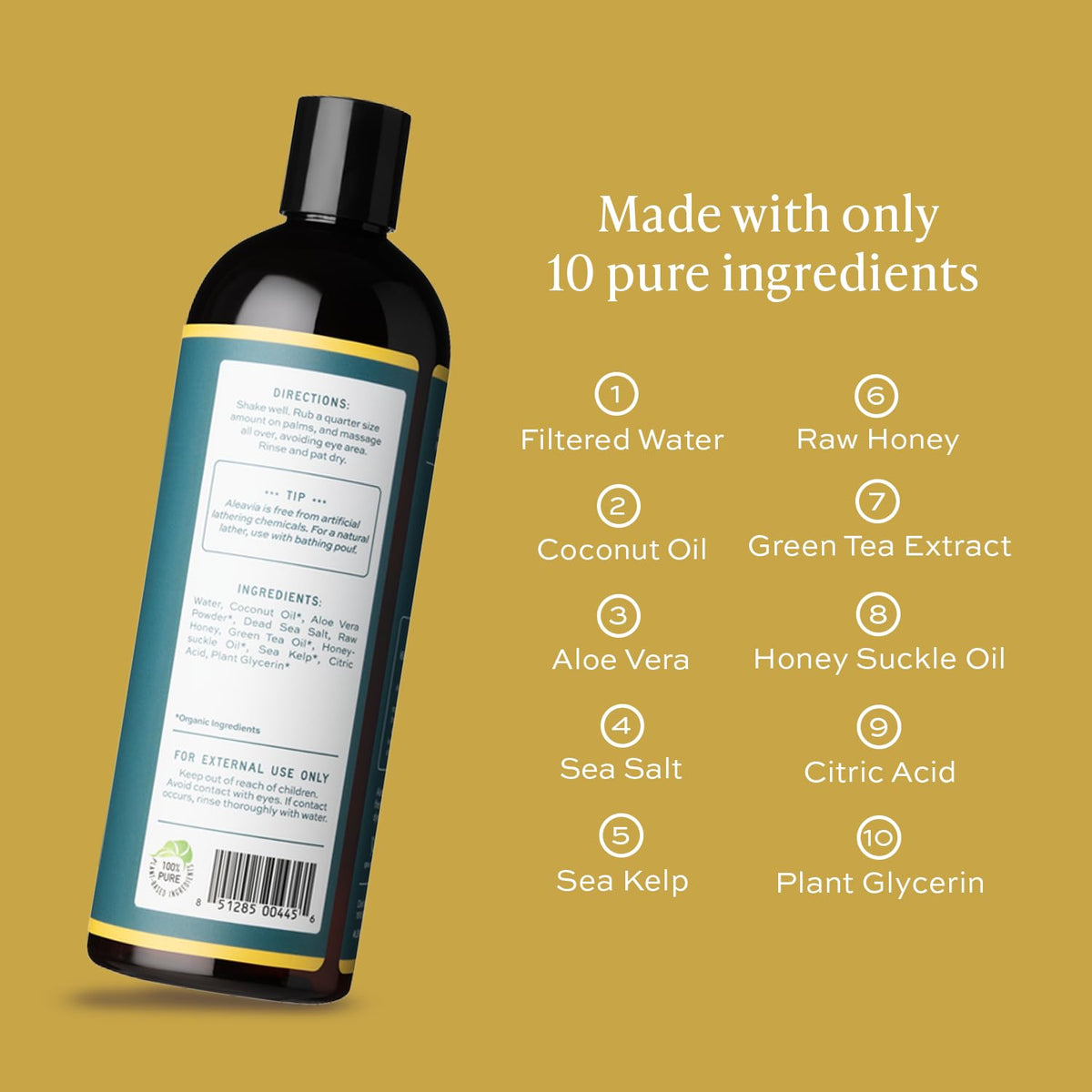 Aleavia close-up of pump and label highlighting clean packaging and ease of use