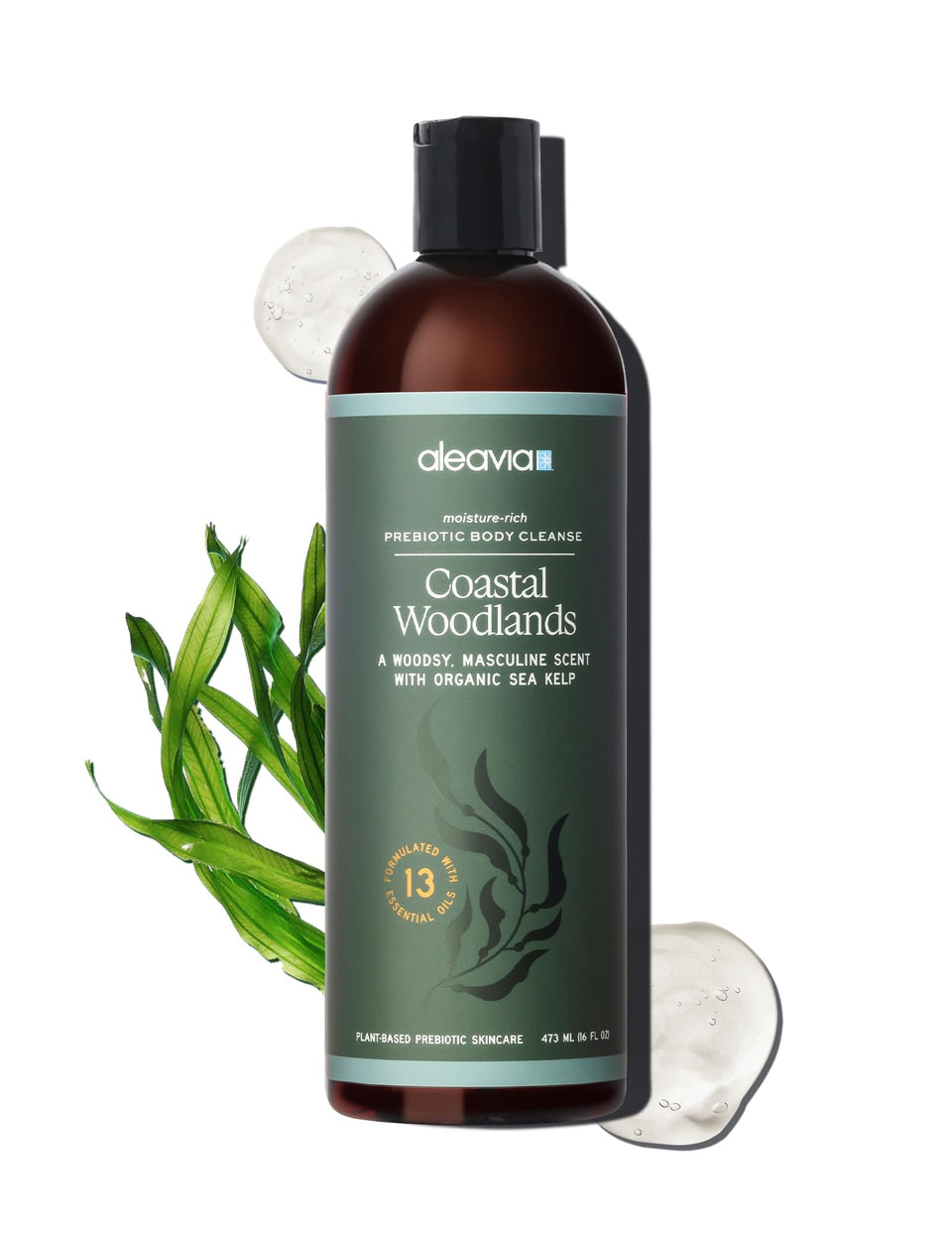 Aleavia front bottle view showing label and natural woodsy scent benefit