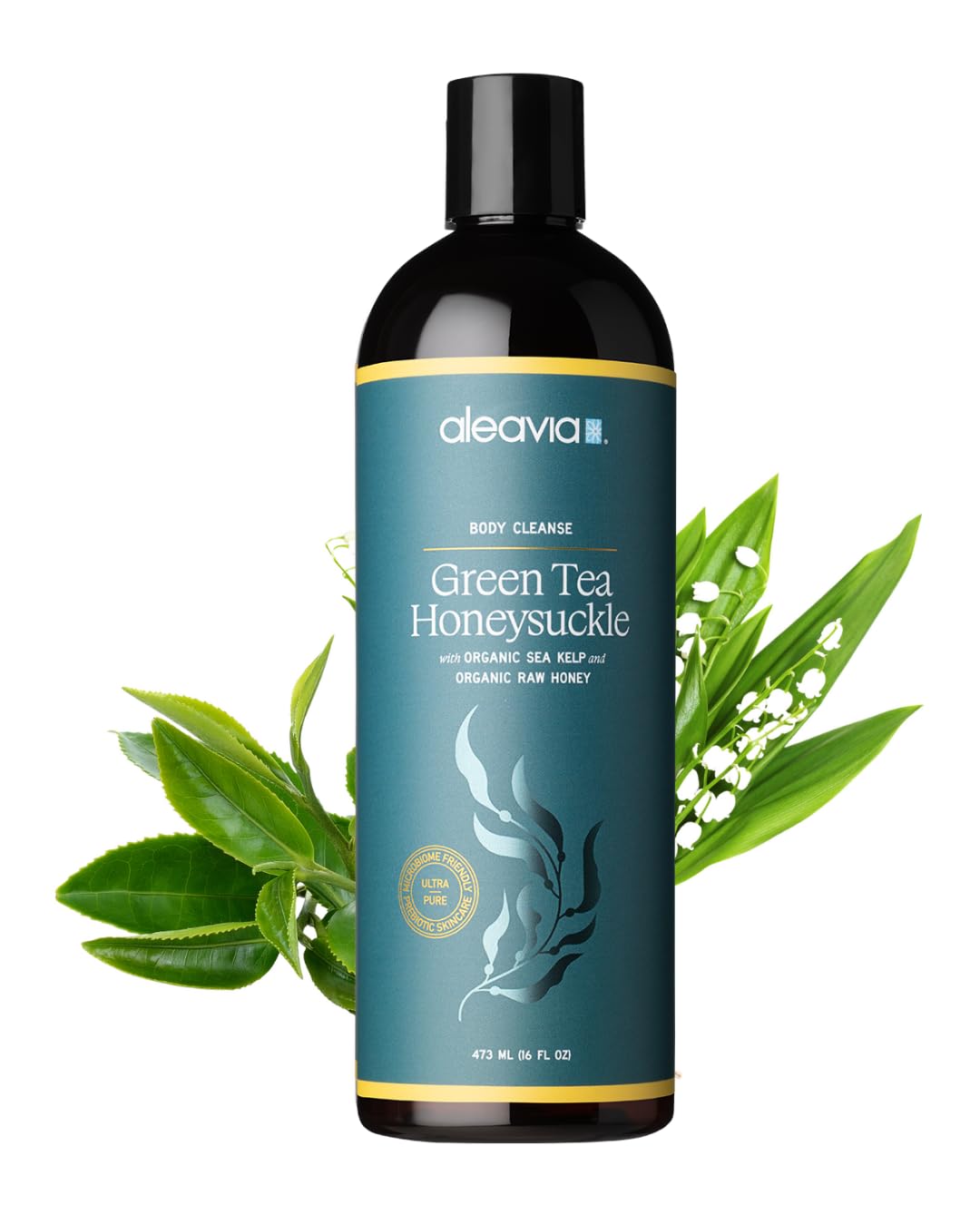 Aleavia front bottle showing green tea honeysuckle label and calming scent benefit