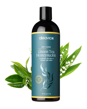 Aleavia front bottle showing green tea honeysuckle label and calming scent benefit