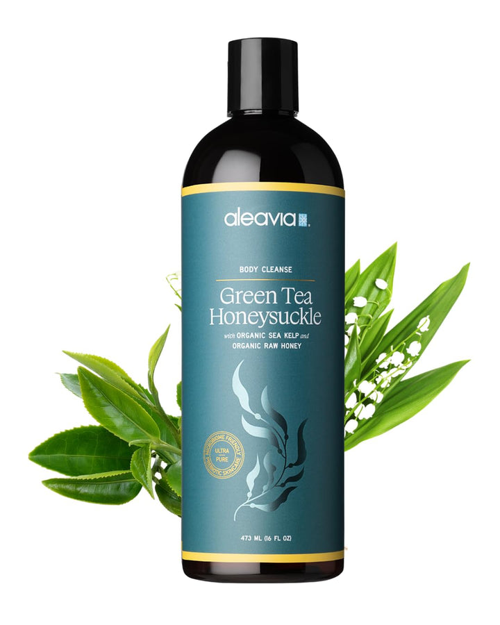Aleavia front bottle showing green tea honeysuckle label and calming scent benefit