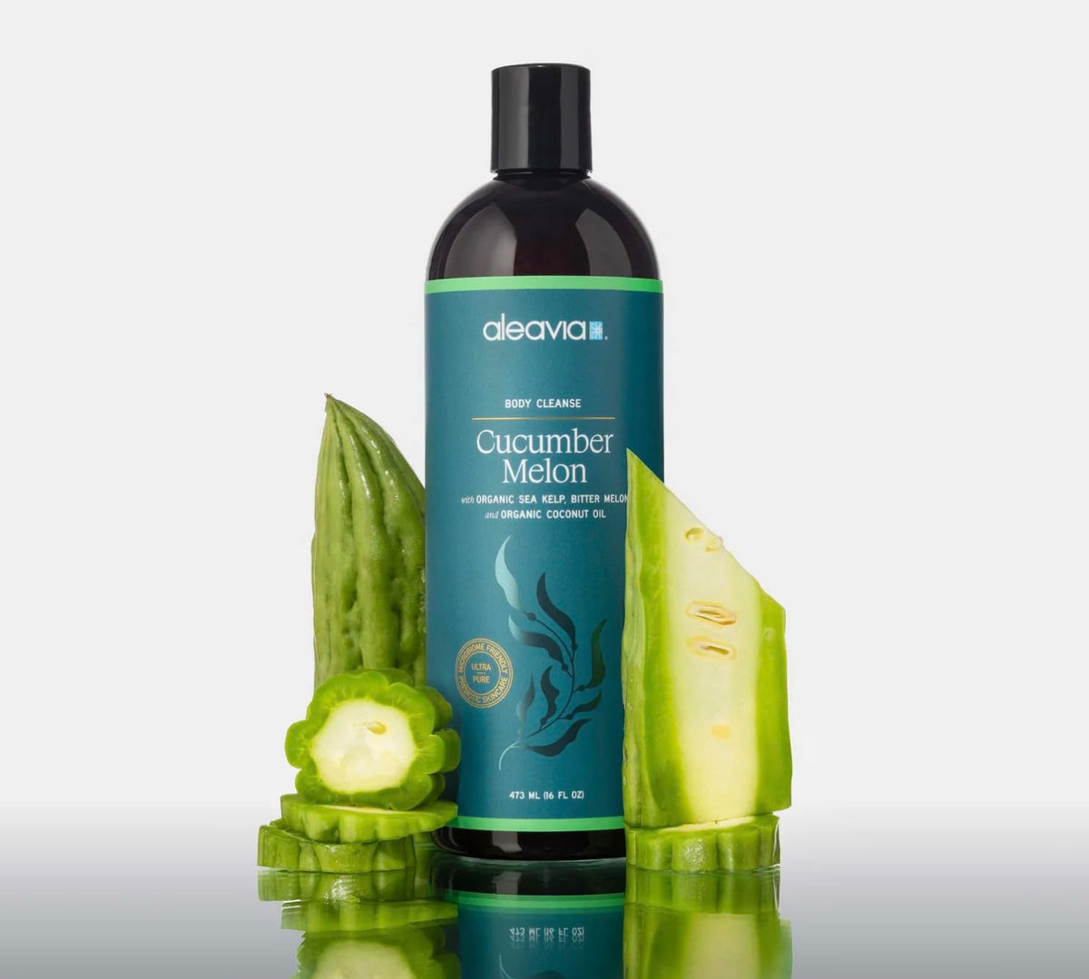 Aleavia cucumber and bitter melon close-up highlighting natural botanicals