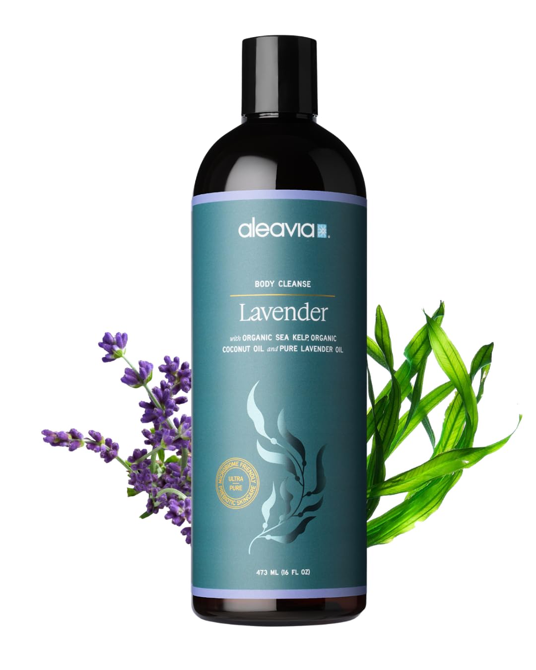 Aleavia front packaging showing lavender-scented prebiotic body wash benefits