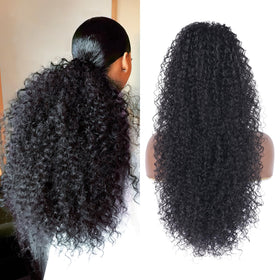Alebery front packaging showing 27-inch curly ponytail and quick install benefit