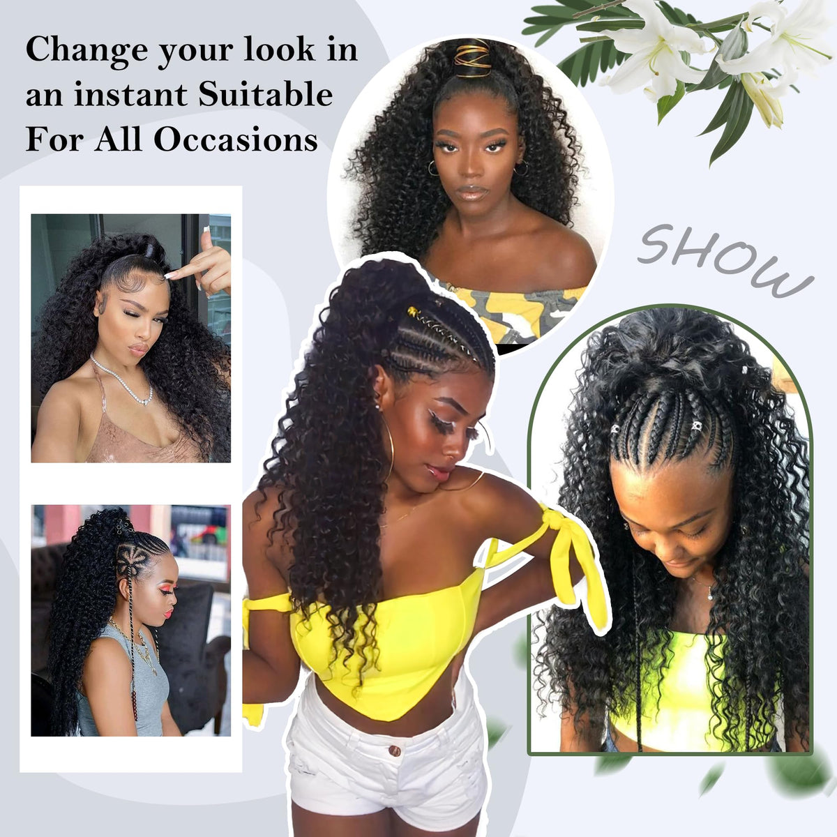Alebery worn as a high ponytail on model showing instant long style benefit