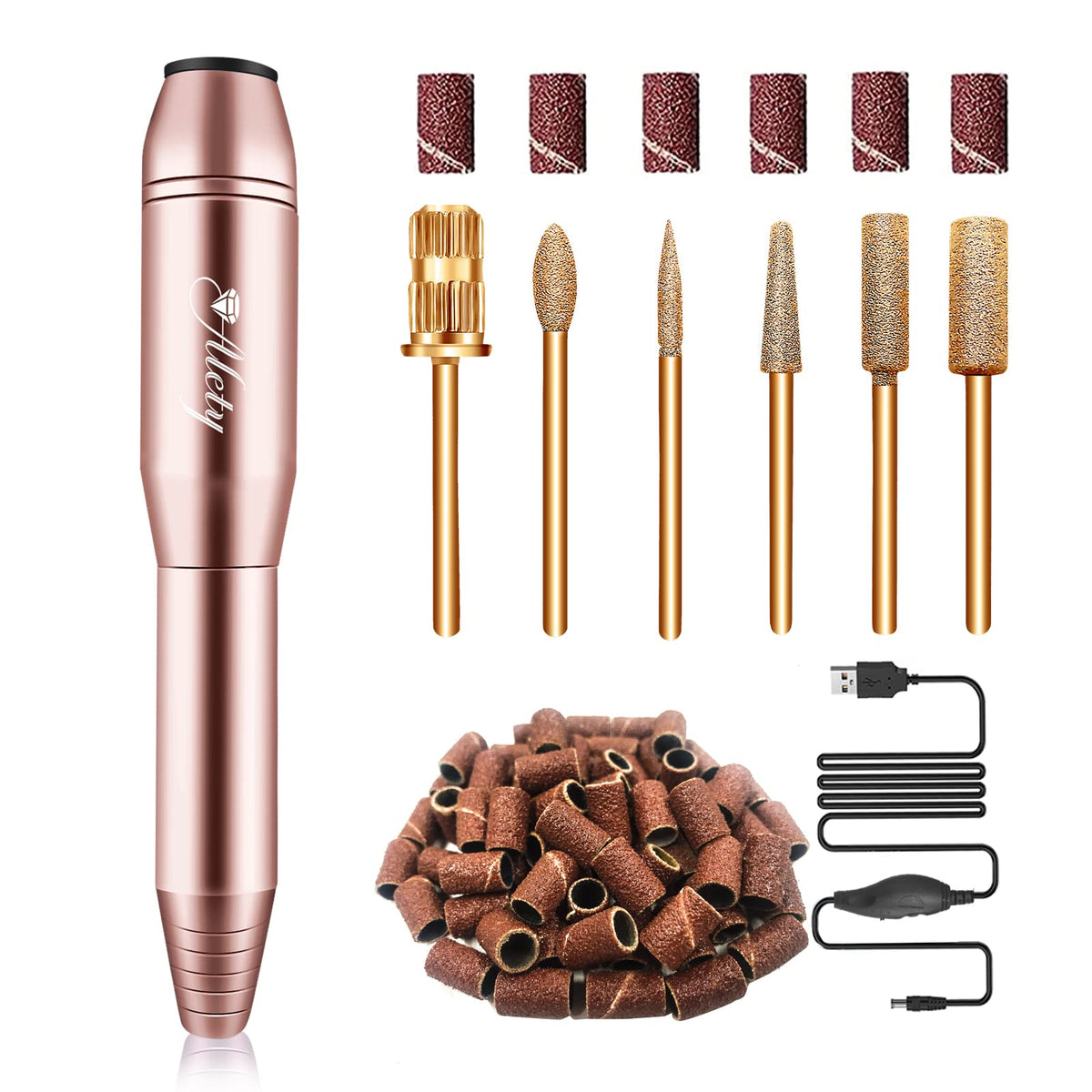 Alety electric nail drill front view showing compact design and controls for portability