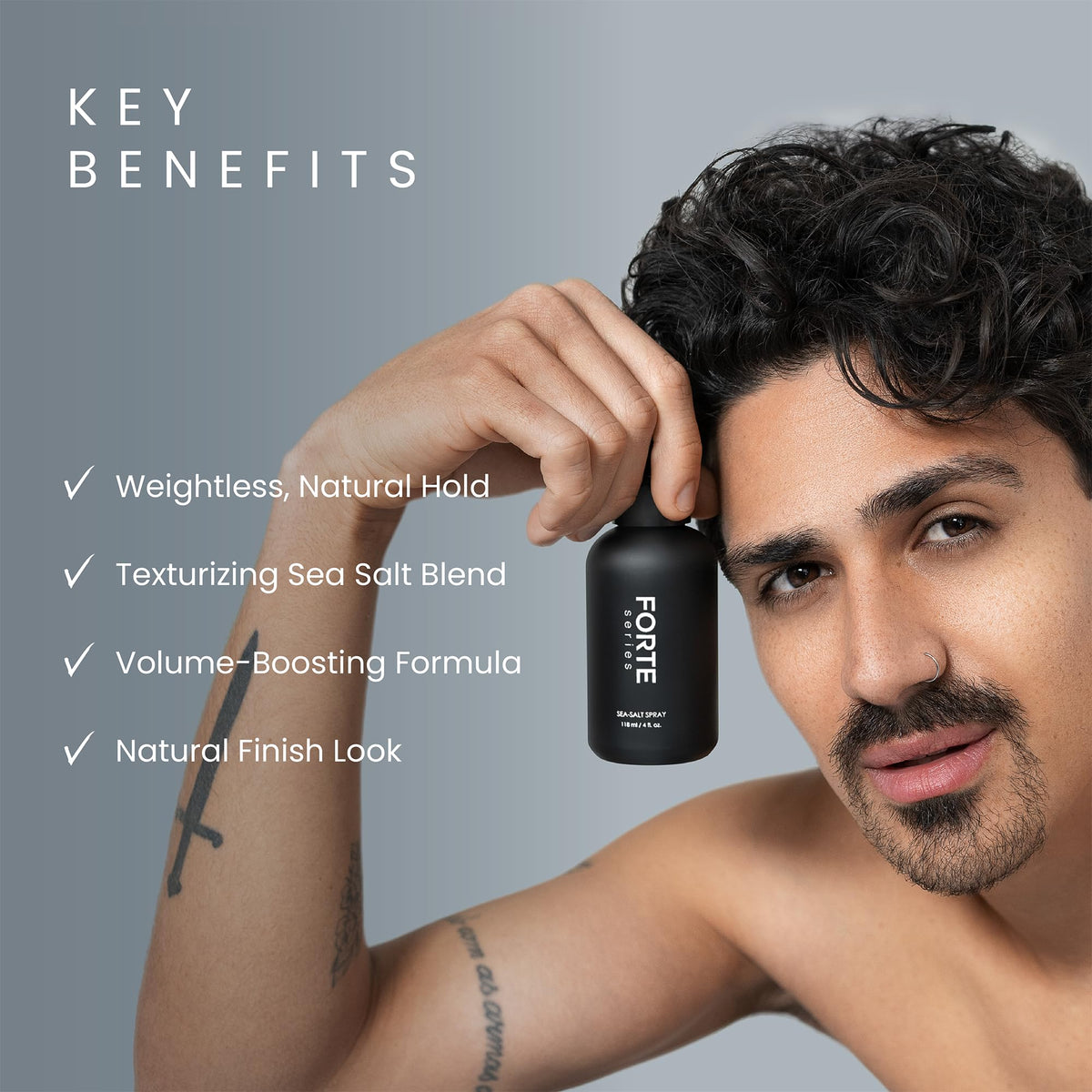 Alex Costa sea-salt spray on bathroom counter among styling tools, fast pre-styling benefit