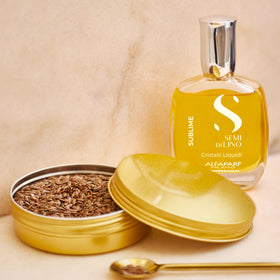 ALFAPARF MILANO label close-up showing flaxseed and vitamin E benefits