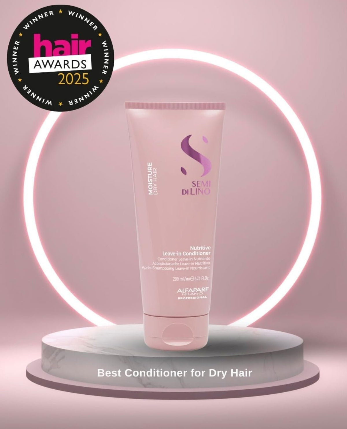 ALFAPARF MILANO label and pump close-up highlighting ingredients and salon-quality design