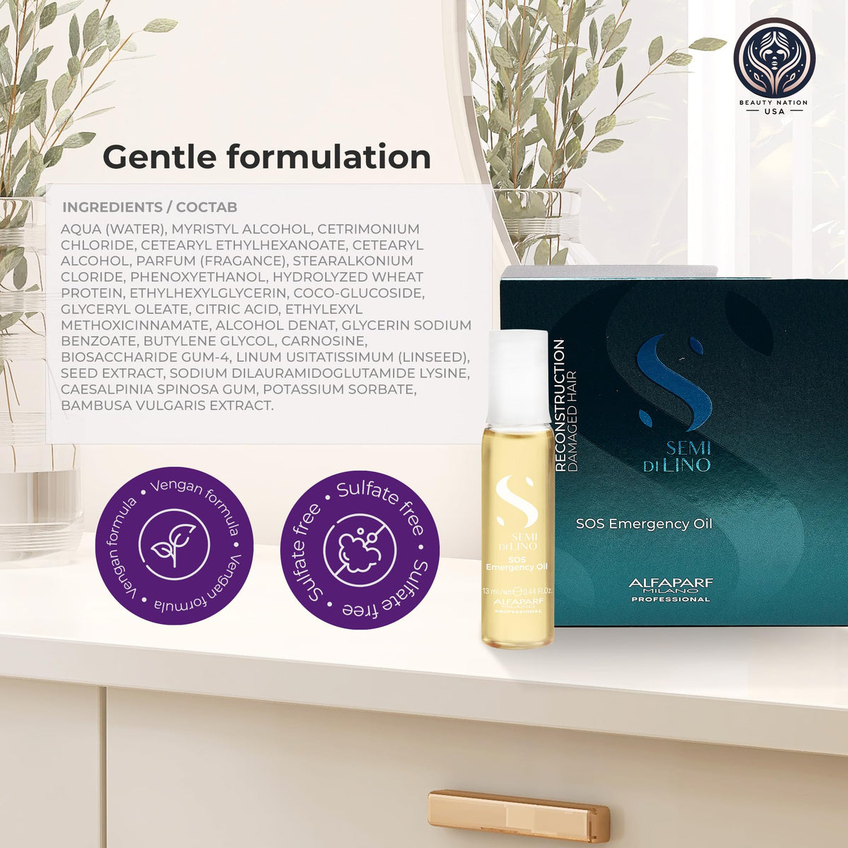 Beauty Nation USA Alfaparf size and scale next to hand illustrating single-use vial convenience