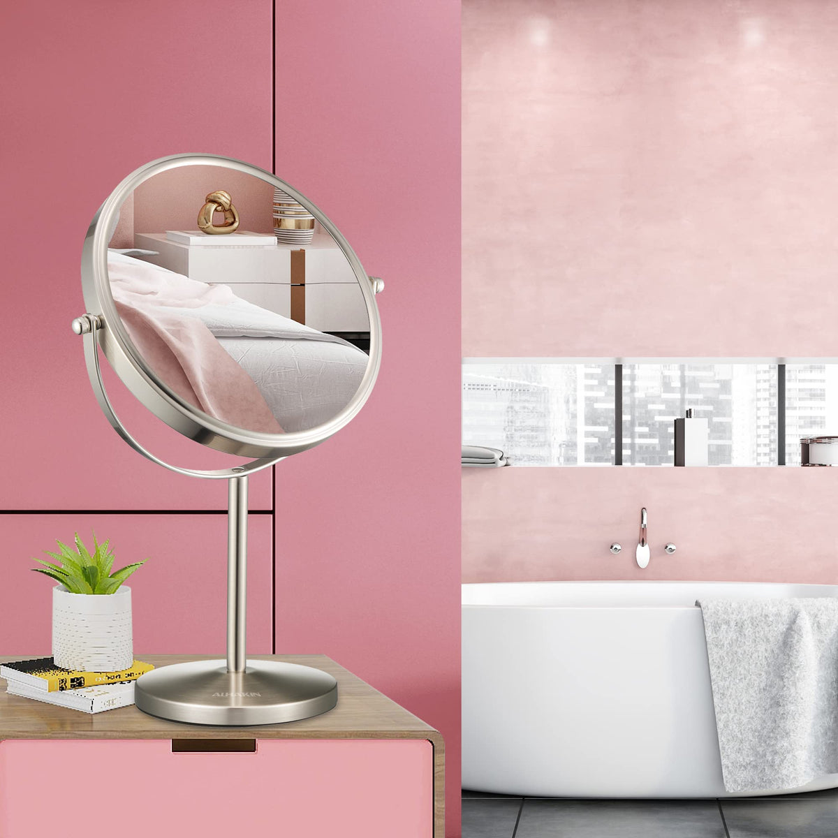 ALHAKIN mirror next to ruler showing 8-inch diameter scale