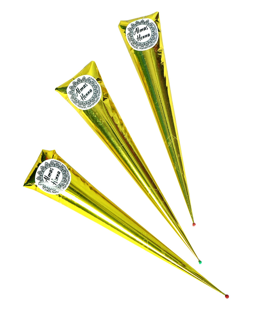 AL HASNAYN ALMAS front packaging showing three 30g henna cones and product benefits
