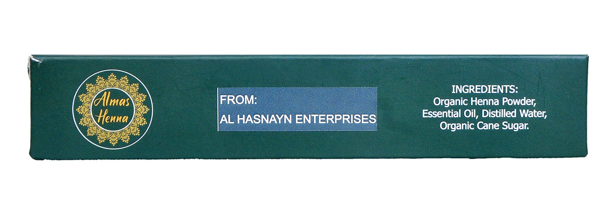 AL HASNAYN ALMAS label and size scale highlighting 30g cones and natural ingredients