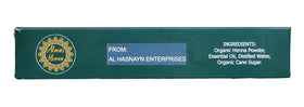 AL HASNAYN ALMAS label and size scale highlighting 30g cones and natural ingredients