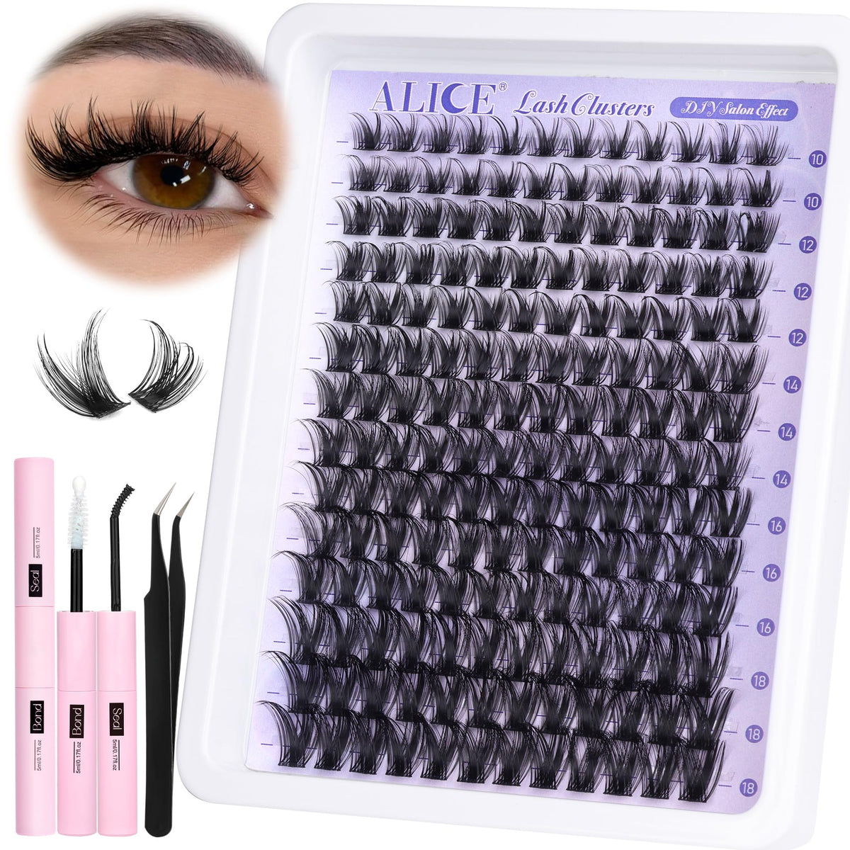 ALICE spread of 10–18mm lash clusters displaying length variety for custom looks