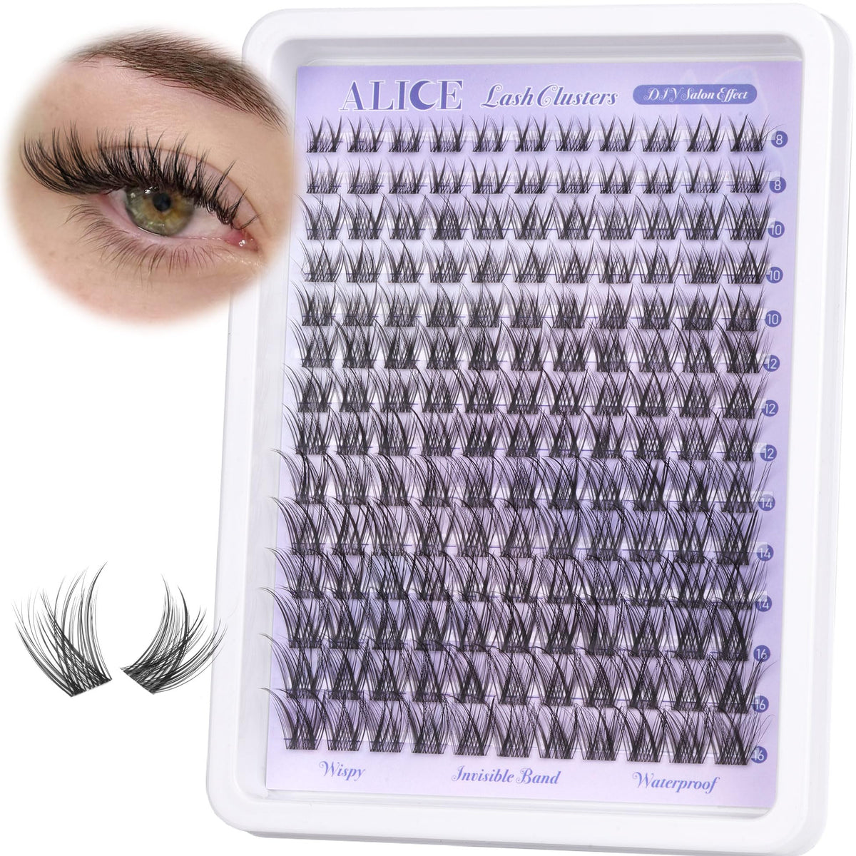 ALICE front packaging showing 168pcs cluster lashes and product benefits