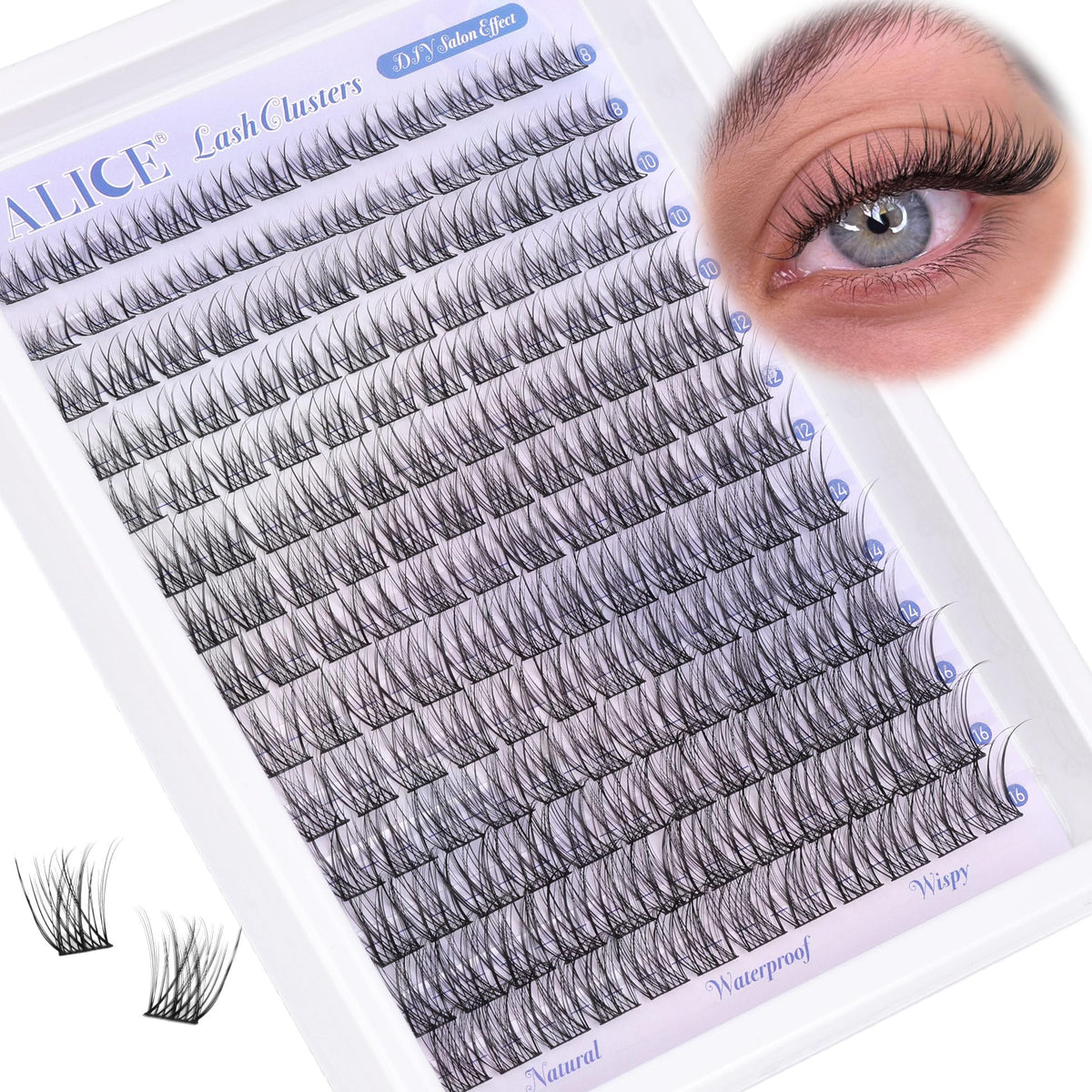 ALICE front packaging showing 168-piece cluster lashes, easy selection benefit