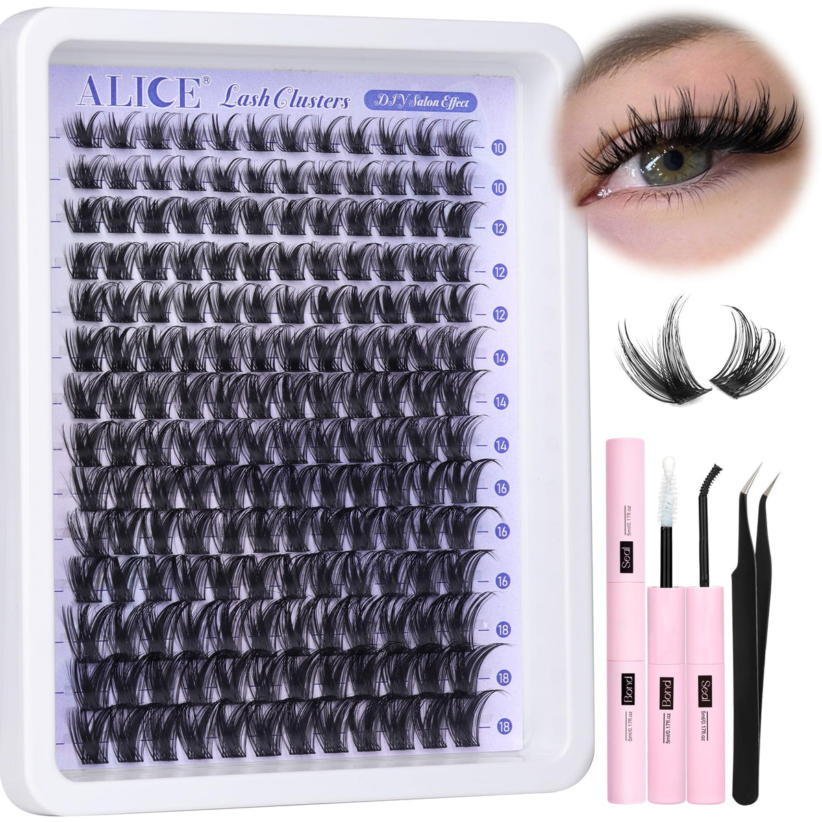 ALICE front packaging of lash clusters kit showing contents and brand benefits