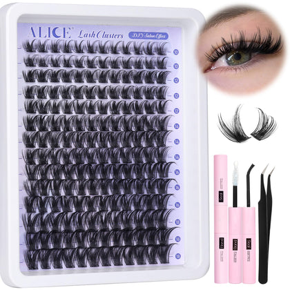 ALICE front packaging of lash clusters kit showing contents and brand benefits