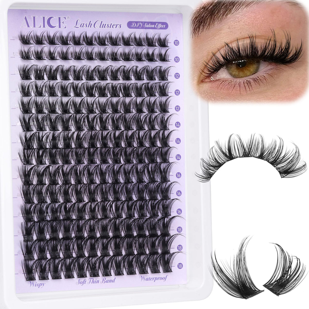 ALICE front packaging showing 168pcs cluster lashes and quick benefits