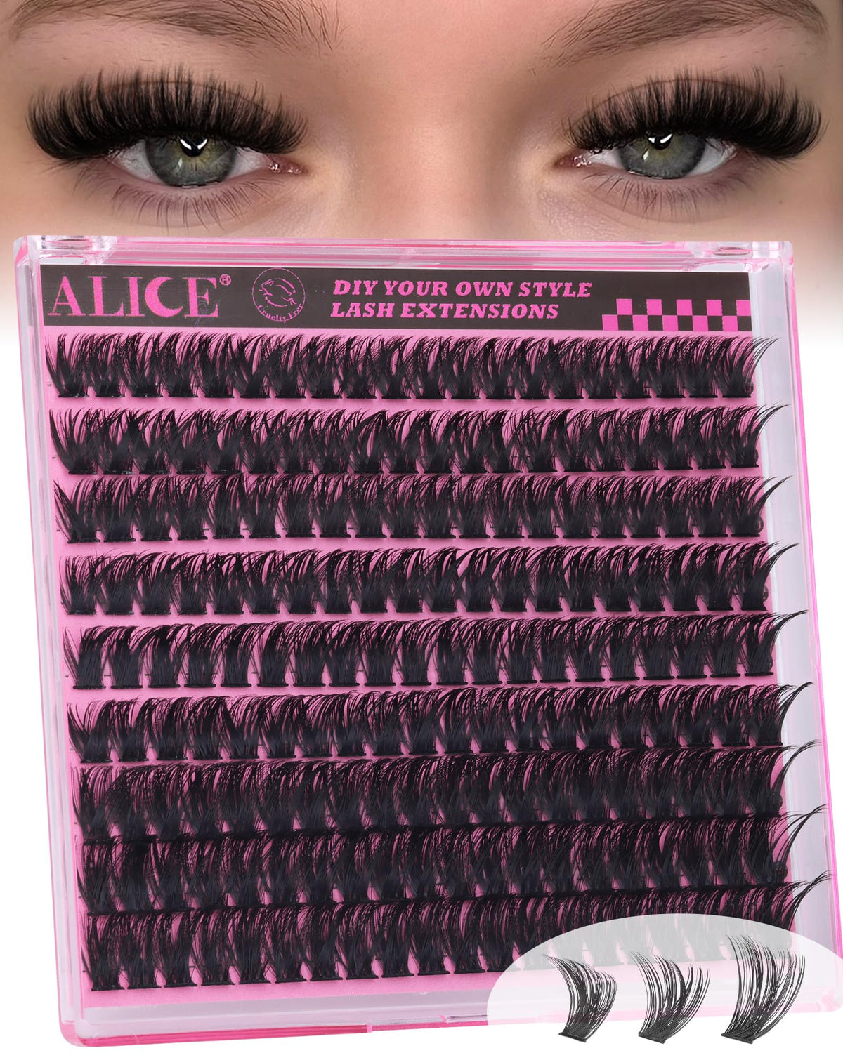 ALICE front packaging showing 180pcs cluster lashes and clear benefits