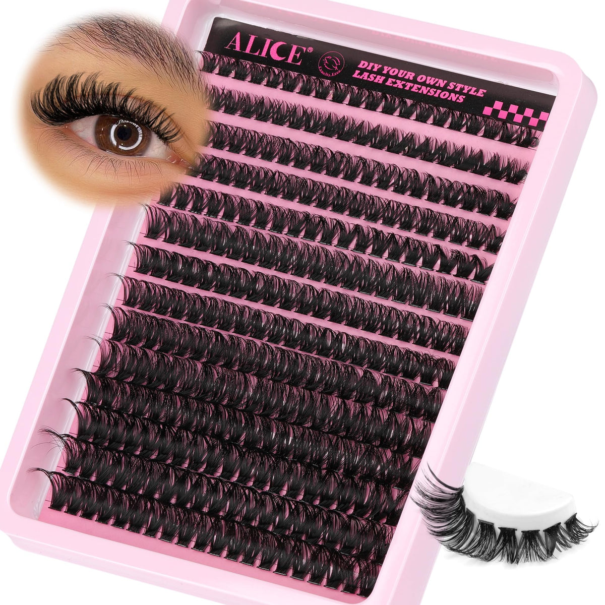 ALICE lash row layout 10–16mm showing length options for customization