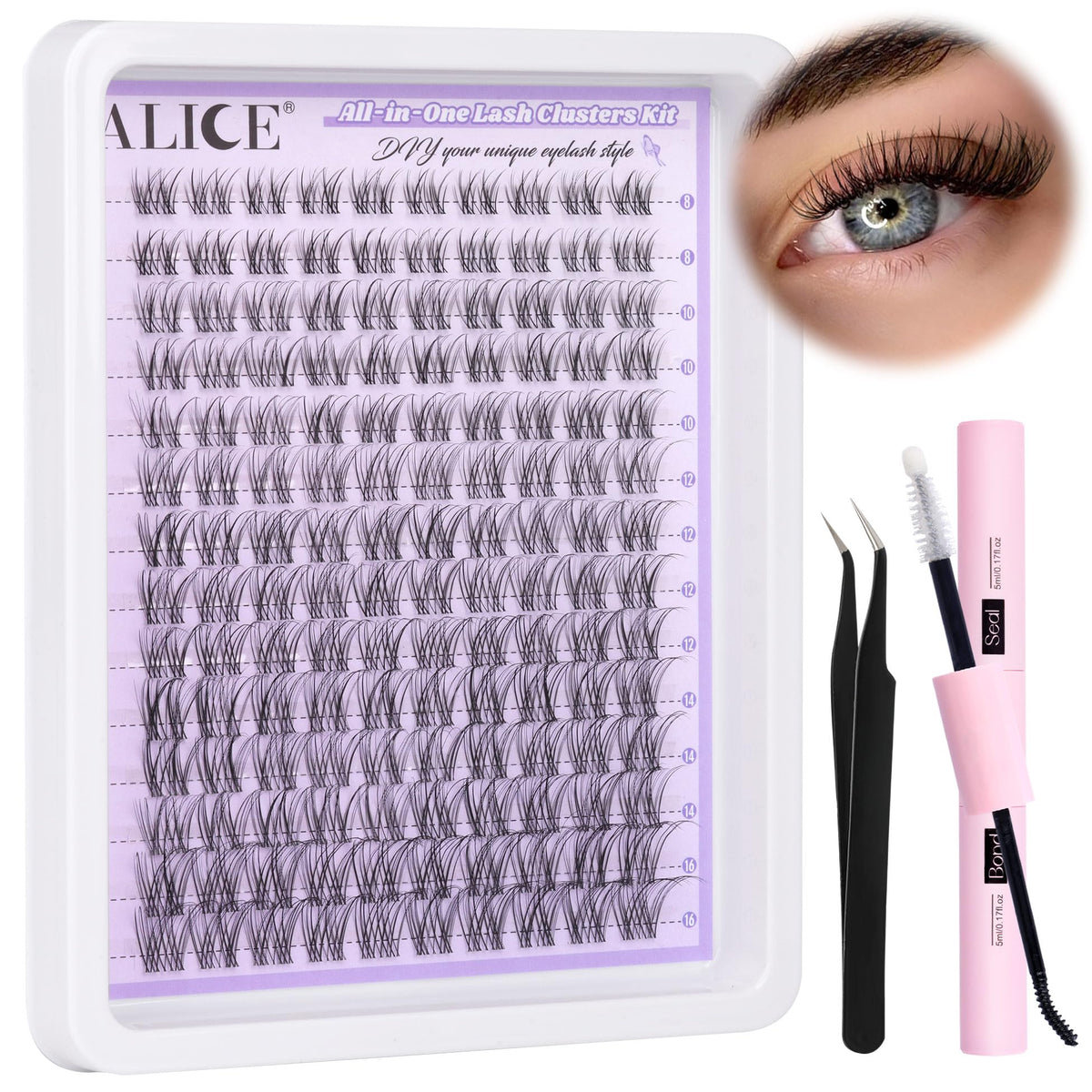 ALICE bottle of seal next to lashes showing protective finish for longer wear