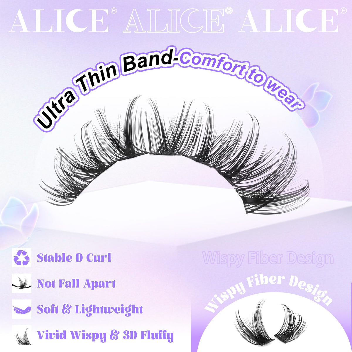 ALICE close-up of thin band on cluster lash showing comfortable flat fit