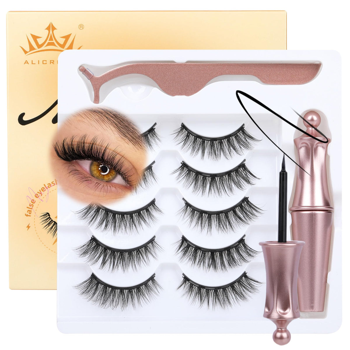 ALICROWN front packaging showing complete magnetic eyelash kit and tools benefits ease