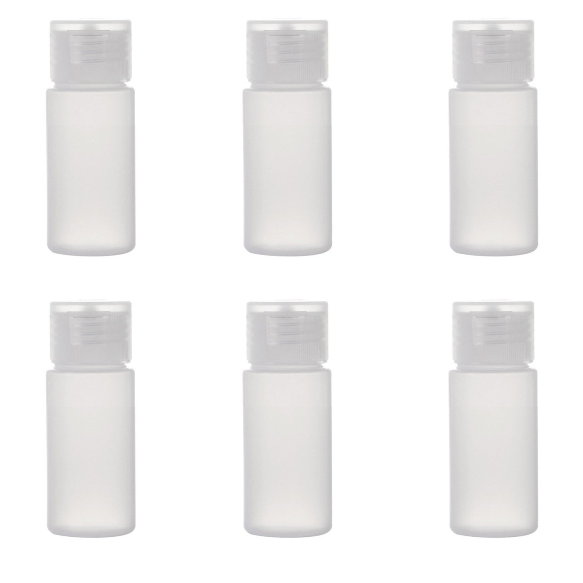 ALINK front view of six 30ml bottles showing clear bodies and flip caps for travel packing